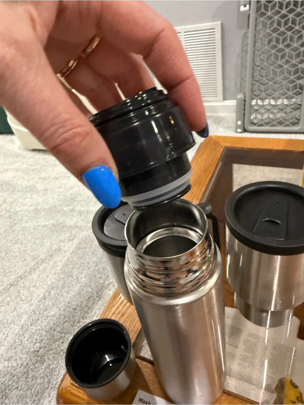 Set of 2 Silver Travel Mugs with Black Lids and Thermos